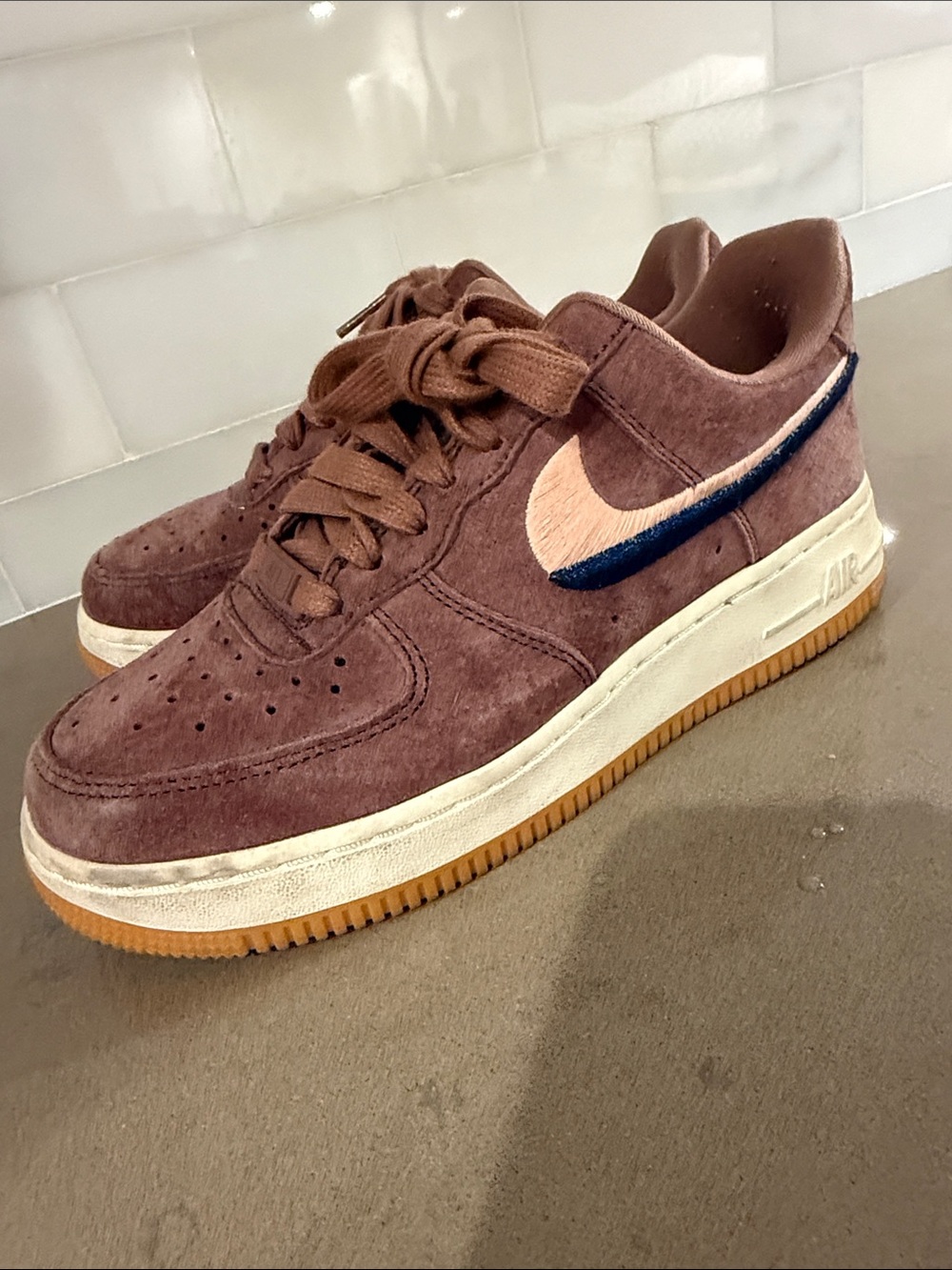 Nike Air Force One Women's Brown Suede Sneakers with Pink & Navy Swoosh